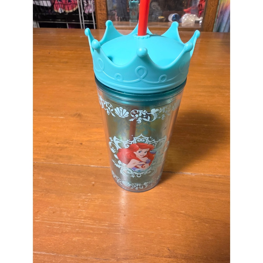 Disney Princess Ariel The Little Mermaid Teal Crown Lid Acrylic Tumbler Straw